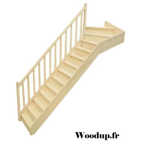 Levigne – Escalier quart tournant haut sapin massif 280 cm – 13 marches – Recoupable pour trémie 85x287 cm – Sens droit ou gauche