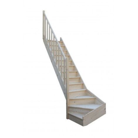 Levigne – Escalier quart tournant bas sapin massif 280 cm – 13 marches – Largeur 82 cm – Encombrement 282 cm – Livré en 3 colis