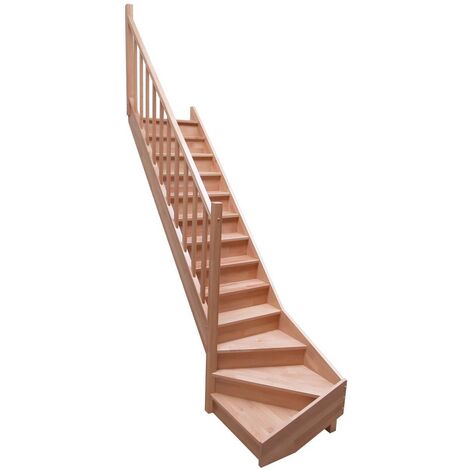 Levigne – Escalier quart tournant bas hêtre lamellé-collé 280 cm – 13 marches – Hauteur de marche 20 cm – Giron 16 cm – Rampe incluse