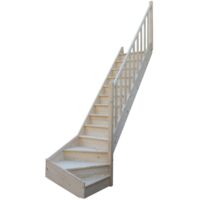 Levigne – Escalier quart tournant bas sapin massif 280 cm – 13 marches – Largeur 82 cm – Encombrement 282 cm – Livré en 3 colis