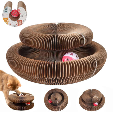 Folding Accordion Cardboard Cat Scratching Post – Interactive Toy with Ball, Durable and Recyclable, for Indoor Cats (1/4)