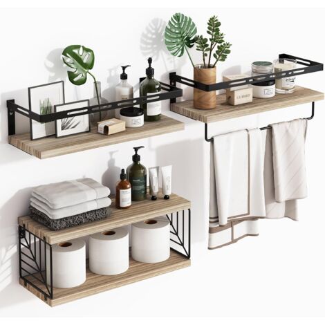 3-Pack Bathroom Wall Shelves – Floating Rustic Wood Shelves with Metal Frame and Towel Bar, for Toilet, Kitchen, Bedroom, and Living Room (1/5)