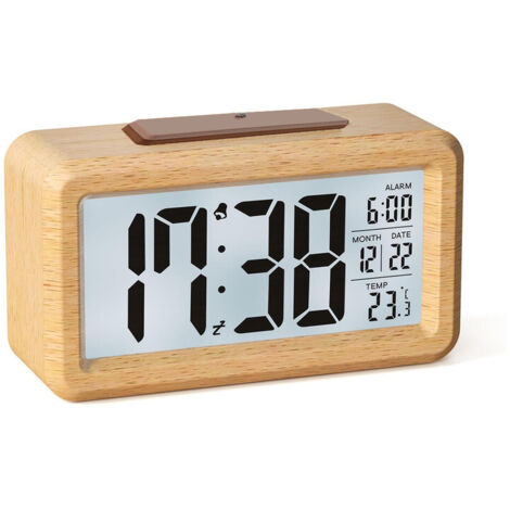 Solid Beech Wood Digital Alarm Clock with Large LCD Display, Temperature and Time Display, Snooze Function, Manual and Smart Light Options, 3 AAA Battery Powered, Bedroom Decor (1/5)