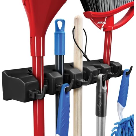 Wall Mount Broom and Mop Holder – Organizer with 5 Slots and 6 Hooks, 3.4 kg Capacity per Slot, Storage for Garage, Kitchen, Closet, and Garden Tools (1/5)