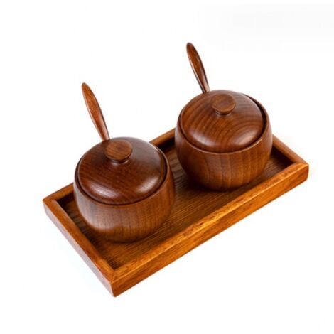 Ensemble de 2 boîtes à sel en bois avec plateau, boîte à sel en bois naturel, récipient de rangement pour épices avec bol (1/5)