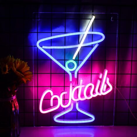 Enseigne lumineuse néon rose et bleue à LED en forme de verre à cocktail, alimentée par USB, pour décoration murale. (1/5)