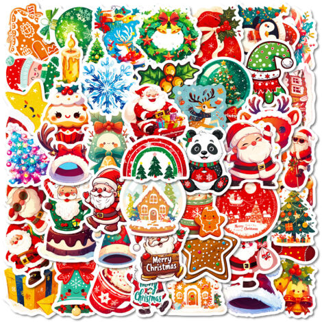 50 autocollants de Noël à motifs : bonnets de Père Noël et rennes – Autocollants décoratifs à faire soi-même pour cahiers, réfrigérateurs, valises – Cadeaux de Noël imperméables (1/4)