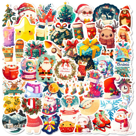 50 autocollants de Noël à motifs : bonnets de Père Noël et rennes – Autocollants décoratifs à faire soi-même pour cahiers, réfrigérateurs, valises – Cadeaux de Noël imperméables (1/5)