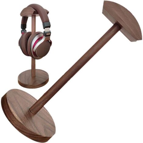 Support pour casque gaming, fabriqué en noyer naturel avec une base en bois massif, support pour casque circum-aural. (1/4)