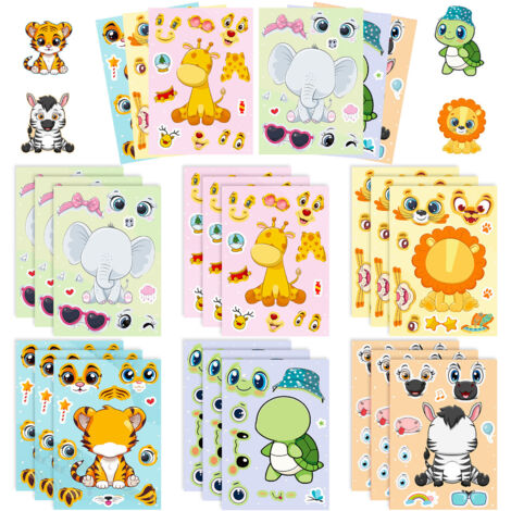 Ensemble de 18 autocollants pour puzzle avec visages d'animaux interchangeables : girafe, tortue et tigre, un projet de bricolage adorable. Idée cadeau de Noël. (1/5)