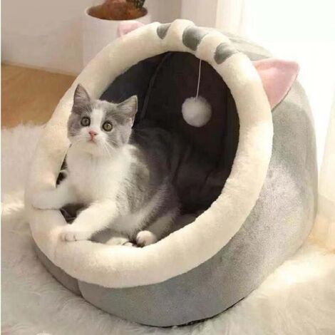 (L-48x45x40cm, Gris Chat) Tapis-grotte en peluche lavable pour petits chiens avec lit amovible pour chats et chiens (1/5)