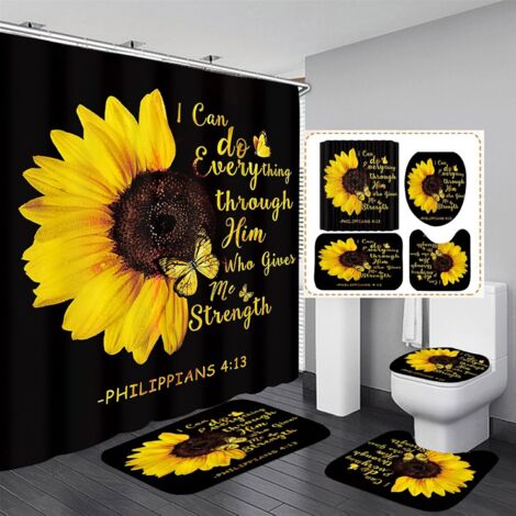 Ensemble de rideau de douche tournesol 4 pièces avec citations et papillon