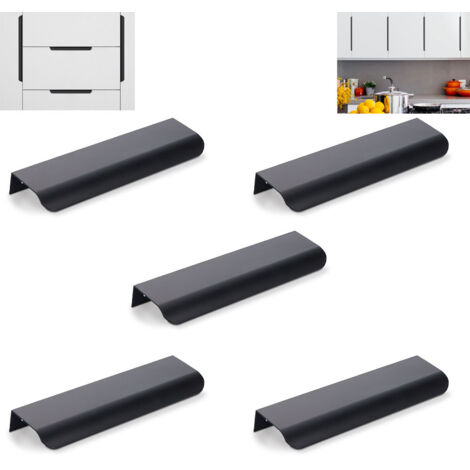 Ensemble de 5 poignées de meubles de cuisine invisibles noires - Entraxe de 128 mm - Noir mat