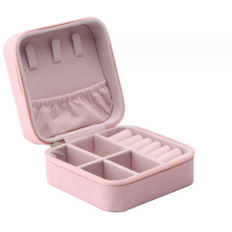 Boîte à bijoux portable en cuir synthétique rose, 9,5 x 9,5 x 5 cm (1/4)