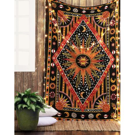 tenture murale en coton soleil et lune 213 x 137 cm, style hippie mandala ethnique (1/4)