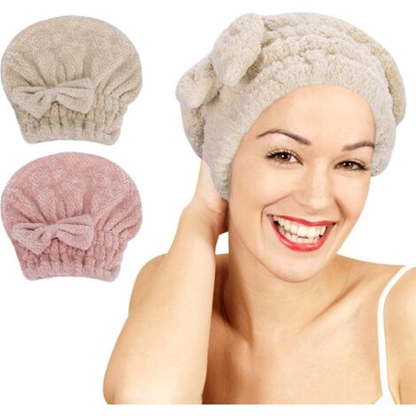 Lot de 2 serviettes de séchage pour cheveux en microfibre (rose et marron), ultra-absorbantes. (1/5)