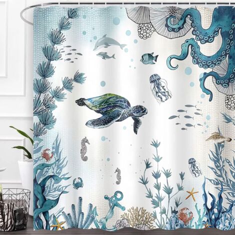 Rideau de bain tortue de mer bleu océan avec pieuvre amusante (1 pièce) (1/5)