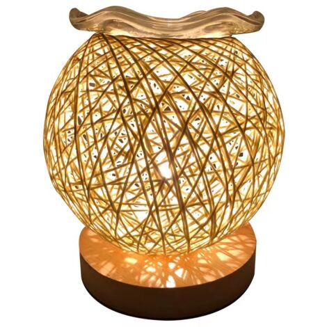 Lampe de table boule en rotin de chanvre (beige jaune) créative et romantique pour la chambre à coucher