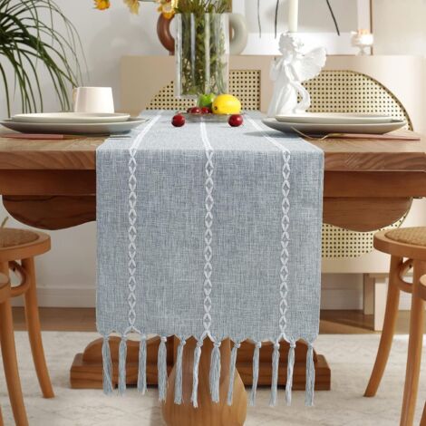 Chemin de table en coton bleu poudré, 275 cm, style ferme ou café, 1 pièce. (1/5)