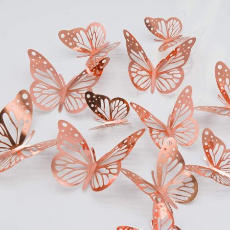 48 stickers muraux papillons 3D or rose (1/3)