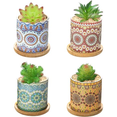 Lot de 4 pots à succulentes en céramique à motif mandala, petits pots de fleurs. (1/5)