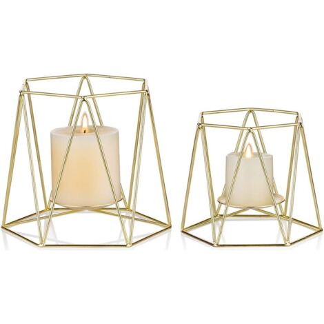 Lot de 2 bougeoirs colonnes en métal doré, bougeoirs géométriques, (1/5)