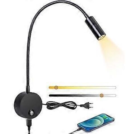 Lampe murale de chevet, lampe tactile à intensité variable, port de chargement USB, noire (1/5)