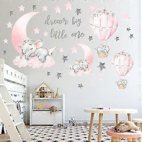 Stickers muraux éléphant « Rêve en grand, petit ange », lune rose, montgolfière et étoiles grises pour chambre d'enfant (1/5)