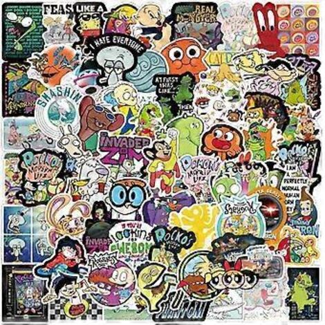 Lot de 100 autocollants style dessins animés des années 90 pour ordinateur portable, gourde, bagages, snowboard, vélo, skateboard – pour enfants, ados et adultes (1/4)