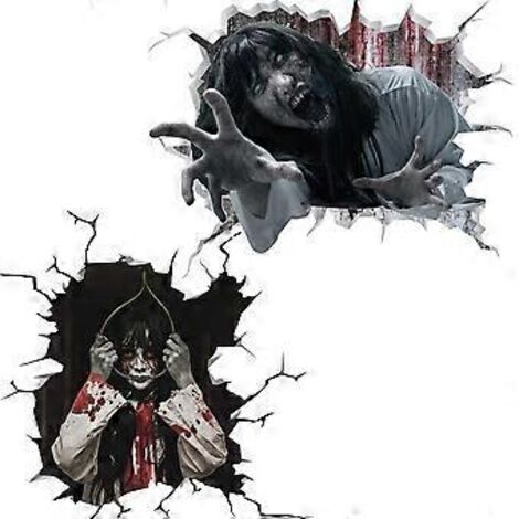SZTXJ Lot de 2 stickers muraux 3D Halloween, femme effrayante, stickers muraux amovibles, décoration murale d'horreur pour chambre, salon, magasin. (1/5)