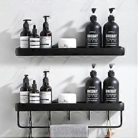 Étagère de douche sans perçage avec porte-serviettes et crochets en aluminium, lot de 2, noire. (1/5)