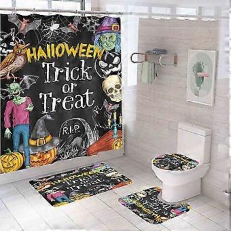 Ensemble de rideau de douche et tapis de bain pour Halloween, 180 x 180 cm - Décoration de salle de bain Halloween - Rideau de douche avec tapis, couvre-abattant de toilette et tapis de bain - Hallowe (1/4)