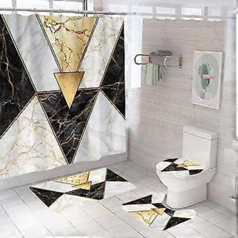 Rideaux de douche avec tapis de bain antidérapant et doux, couvercle de toilette pour salle de bain, ensemble de quatre pièces, rideaux de baignoire imperméables, motif géométrique luxueux en 3D (1/4)