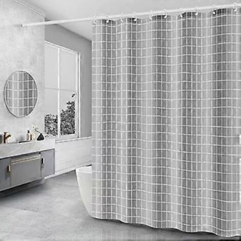 Rideau de douche à séchage rapide gris à motif quadrillé japonais, en polyester imperméable et lavable en machine, pour salle de bain semi-intégrée. (1/5)