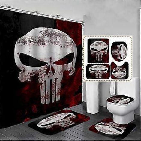 Ensemble de rideau de douche squelette pour Halloween, décoration de salle de bain générique Halloween 180 x 180 cm - Rideau de douche avec tapis, couvre-abattant de toilette, baignoire (1/4)