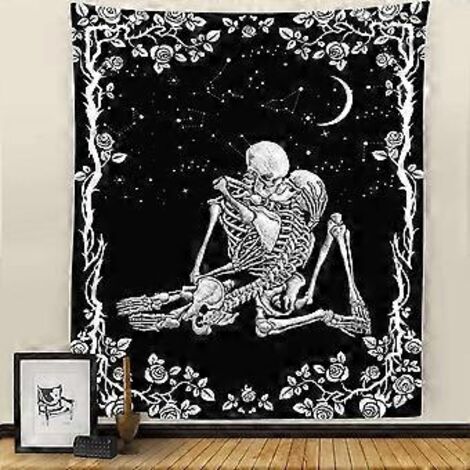 Tapisserie Crâne, Tapisseries en noir et blanc Les Amants qui s'embrassent, Tapisserie florale Lune et étoiles, Tapisserie murale Tarot Squelette humain pour D (1/5)
