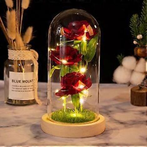Rose La Belle et la Bête, 3 roses rouges en soie sous cloche en verre avec lumière chaude, rose artificielle lumineuse, cadeau en tube de rose fait main pour femme à l'occasion d'un anniversaire (1/3)