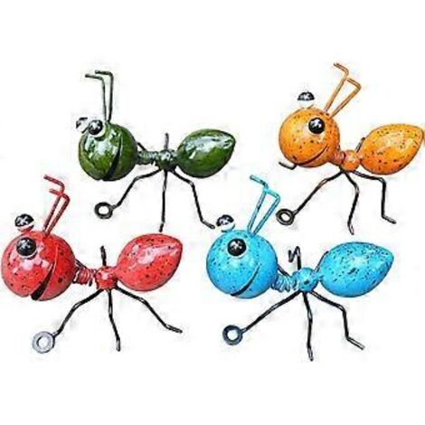 Décoration intérieure et extérieure, ensemble de 4 fourmis colorées en métal pour jardin, avec ressort et cou flexible. Décoration murale extérieure en métal de haute qualité. (1/5)