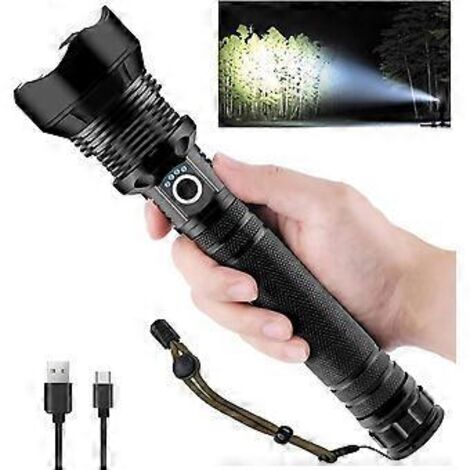 Lampe torche LED ultra-puissante, 600 000 lumens, rechargeable par USB Type-C, XHP70.2, lampe torche étanche à zoom réglable pour le camping. (1/5)