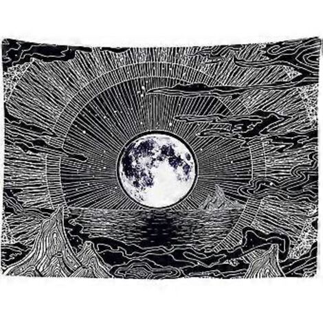 Tapisserie murale décorative 200 x 150 cm pour chambre à coucher - Lune, étoiles, nature, nuages, style bohème psychédélique, montagnes - Grande tapisserie murale esthétique 200 x 150 cm (1/5)