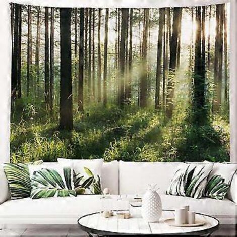 Tapisserie murale « Forêt ensoleillée » (150 cm x 200 cm), motif soleil matinal à travers les arbres, paysage naturel, en polyester, décoration pour chambre ou salon. (1/5)