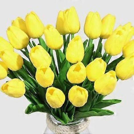 Tulipes artificielles en latex à la texture veloutée, taille réaliste et toucher naturel, idéales pour les bouquets de mariée et la décoration intérieure (jaune, lot de 10). (1/2)