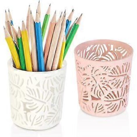 Pot à crayons en plastique, lot de 2 pots ronds pour crayons, porte-pinceaux de maquillage, pot à crayons de bureau, porte-stylos pour la maison, l'école et le bureau (blanc, rose) (1/4)