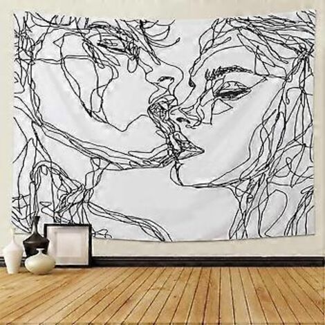 Tapisserie murale « Les amoureux qui s’embrassent », tapis squelette humain noir et blanc avec couronne de roses, décoration murale 1 (1/4)