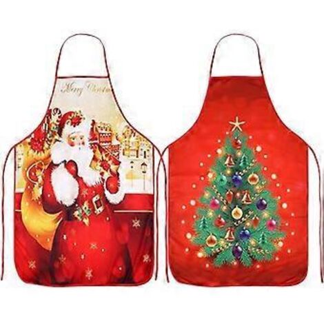 Lot de 2 tabliers de Noël, motif Père Noël et sapin, idéal pour la cuisine et le dîner de Noël. Convient aux femmes, hommes, mamans, épouses et maris. Déguisement de Noël. (1/3)