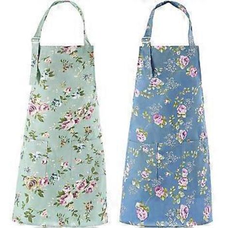 Tablier de cuisine pour femme - Lot de 2, tablier en toile de coton à fleurs, tablier à motifs floraux avec poches pour chef (vert et bleu) (1/3)