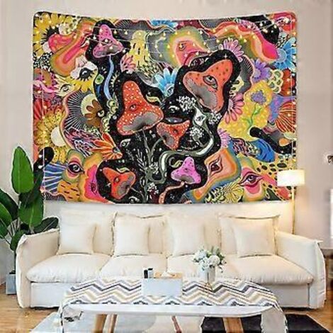 Tapisserie murale à motifs de champignons, yeux psychédéliques et fleurs colorées pour chambre (130 x 100 cm) (1/4)