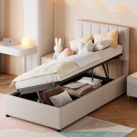 Polsterbett 90x200 cm, hydraulisches Boxspringbett mit vertikal gestreiftem Kopfteil, Stauraum, Lattenrost, Metallstruktur, Leinen – Beige