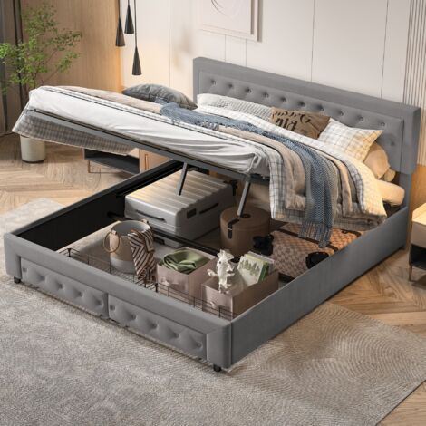 Doppeltes Polsterbett 160x200 cm, hydraulisches Boxspringbett, Knopfdekoration, zwei Schubladen am Ende des Bettes, viel Stauraum, Samt, Lattenrost – Grau