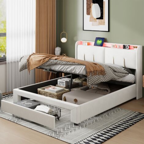 Doppeltes Polsterbett 160x200 cm, hydraulisches Boxspringbett mit LED-Kopfteil, verstecktem Stauraum, USB- und Typ-C-Aufladung, Schubladen, Samt, Lattenrost – Beige